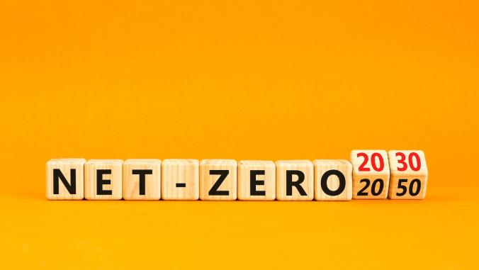 Wooden blocks spelling out net zero 2030 and 2050, with an orange background